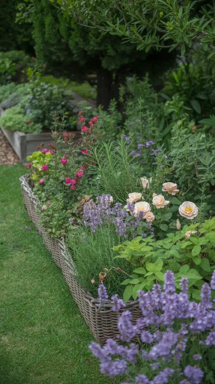 Cottage garden flower beds mixed with lavender, rosemary, thyme, sage, roses, and layered romantic planting