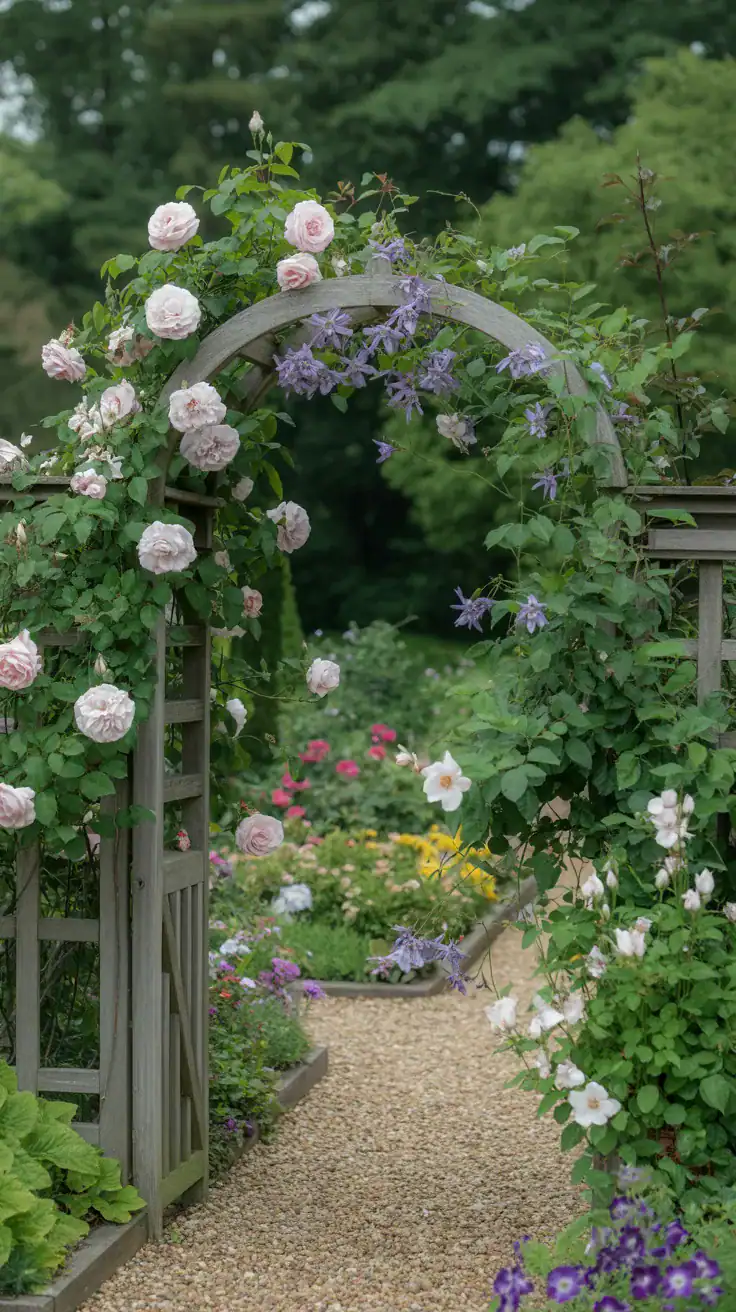 English cottage garden arch covered in climbing roses and clematis above a gravel pathway with storybook charm