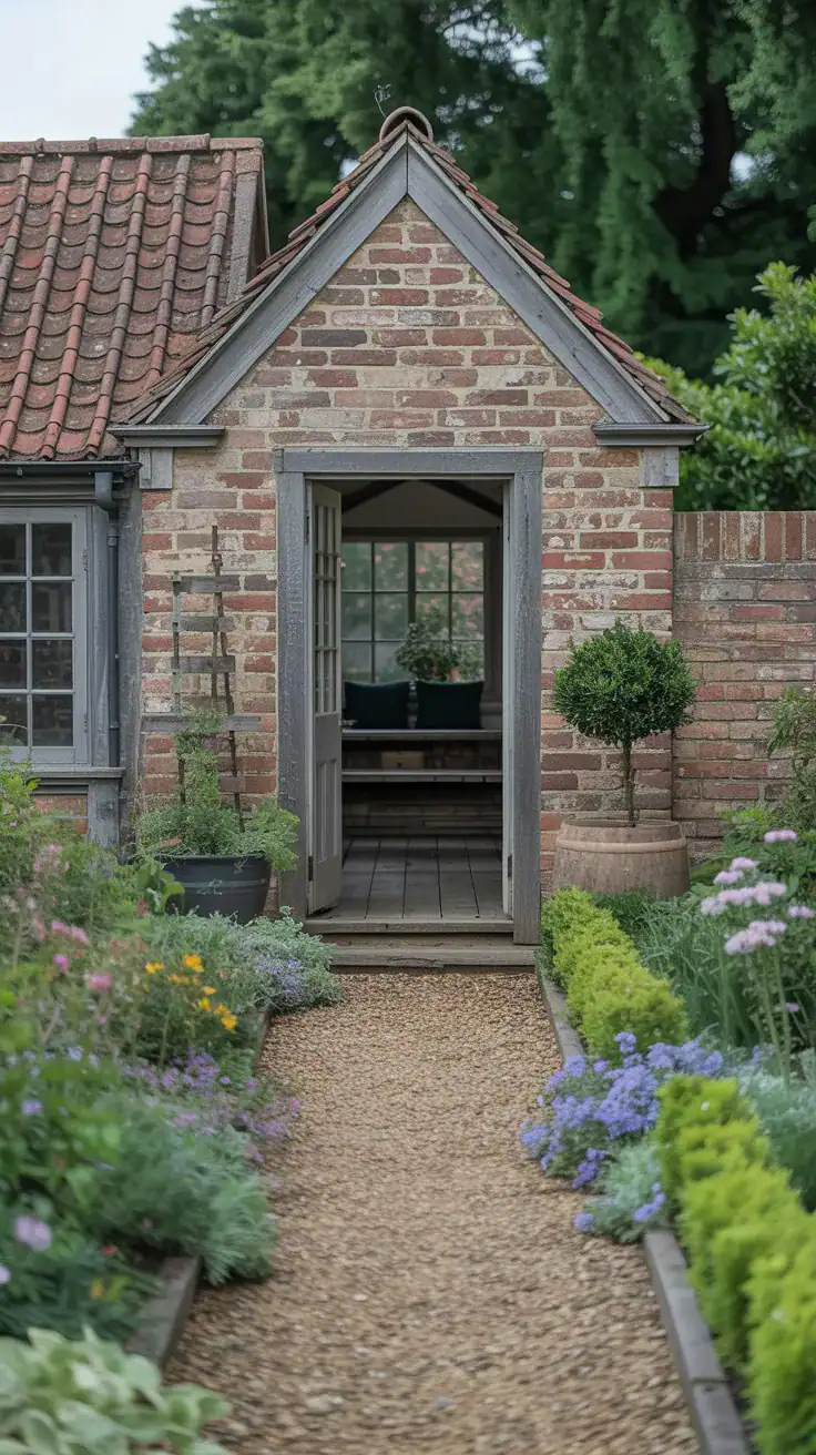 Warm English cottage garden with reclaimed brick pathways, gravel borders, layered greenery, and weathered rustic textures