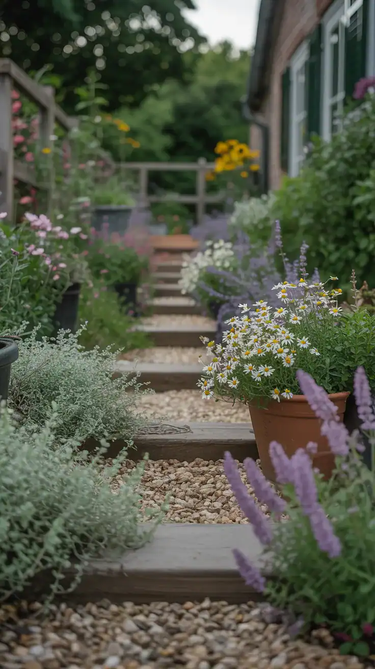 Relaxed cottage garden pathway with creeping thyme, catmint, daisies, and flowers spilling softly onto gravel walkways