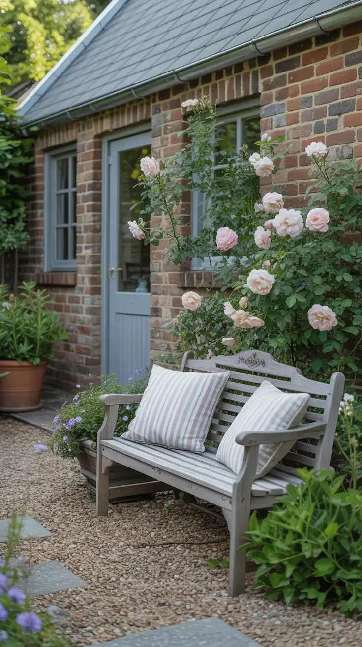 Cozy English cottage garden seating area with rustic bench, climbing roses, gravel paths, and striped outdoor cushions