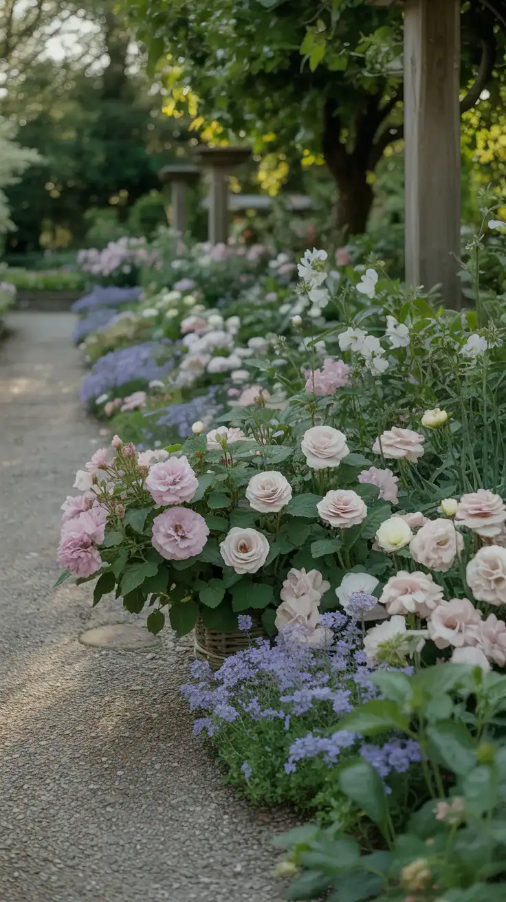 Cozy English cottage garden seating area with rustic bench, climbing roses, gravel paths, and striped outdoor cushions