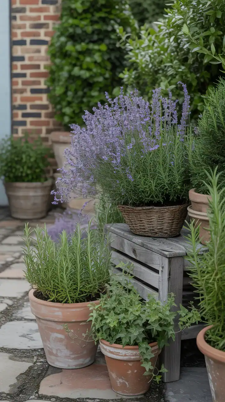English cottage garden with terracotta pots filled with lavender, rosemary, trailing ivy, and rustic layered planting