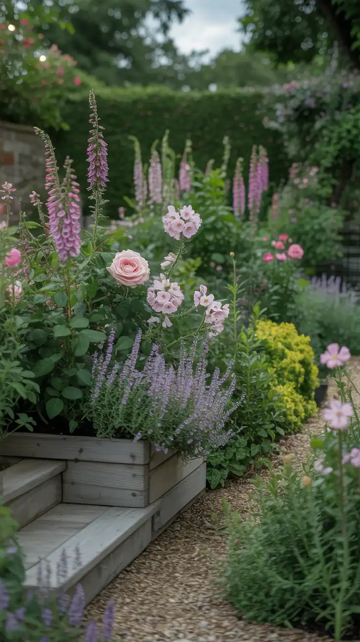 Layered English cottage garden with roses, foxgloves, thyme, tall flowers, shrubs, and lush mixed plant heights