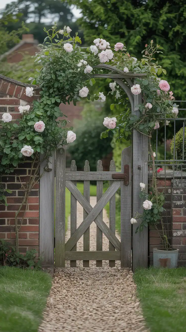 Rustic English cottage garden gate with climbing roses, gravel path, weathered wood, and romantic countryside charm