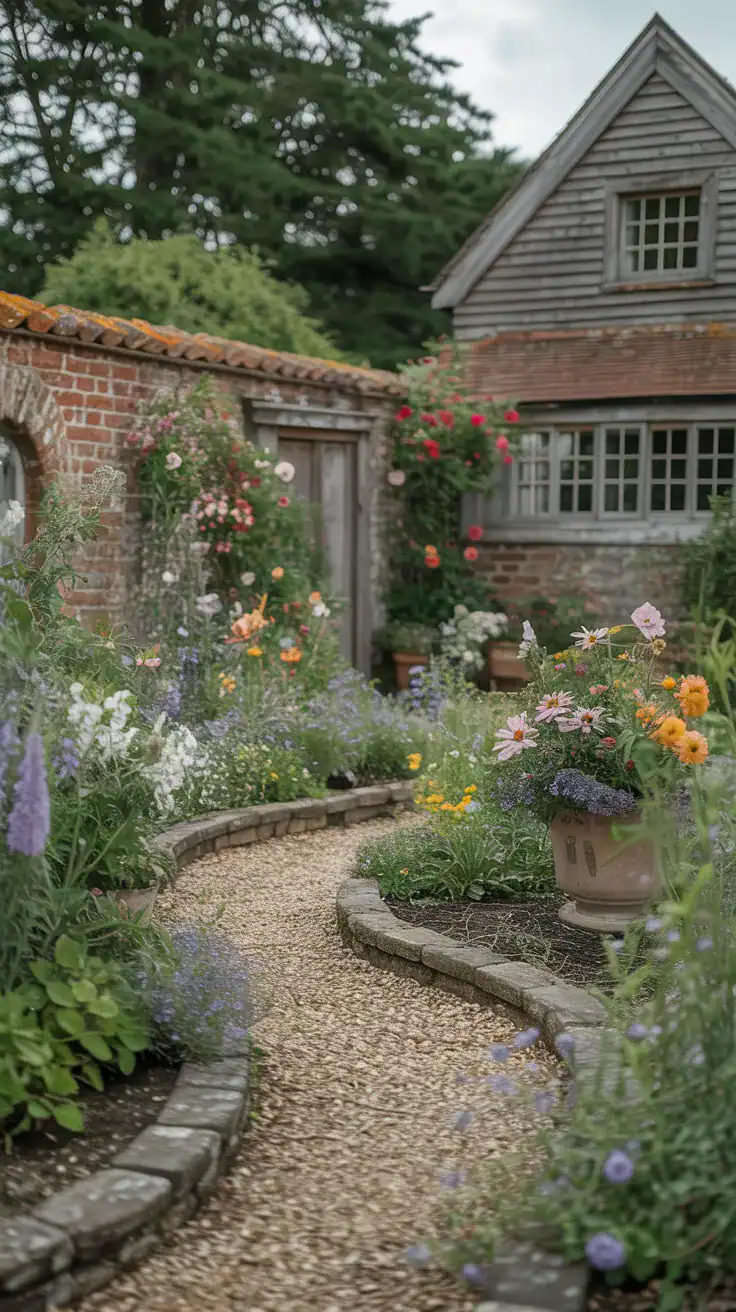 Relaxed English cottage garden with weathered textures, overflowing flowers, curved gravel paths, and romantic imperfect planting