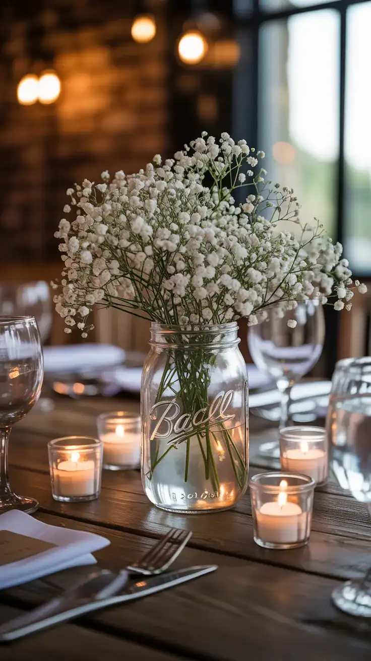 Mason jar wedding centerpiece filled with airy baby's breath flowers on rustic wood table with soft romantic candlelight