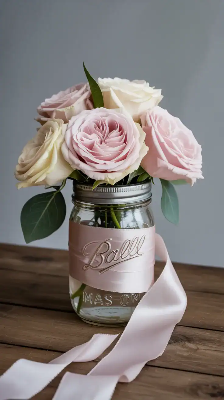 Elegant mason jar wedding vase wrapped with flowing ivory chiffon ribbon and filled with soft blush roses