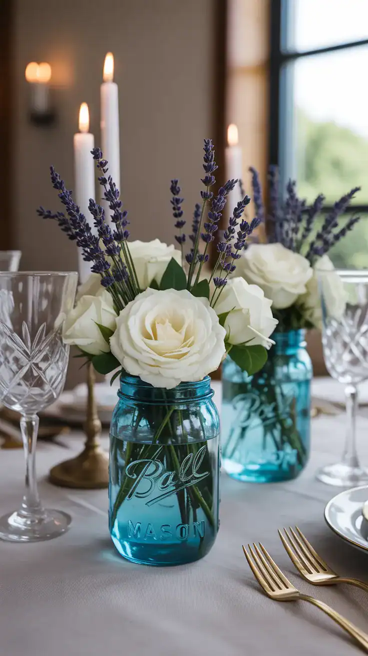 Vintage blue tinted mason jar vases filled with white roses and lavender on wedding table with neutral linens