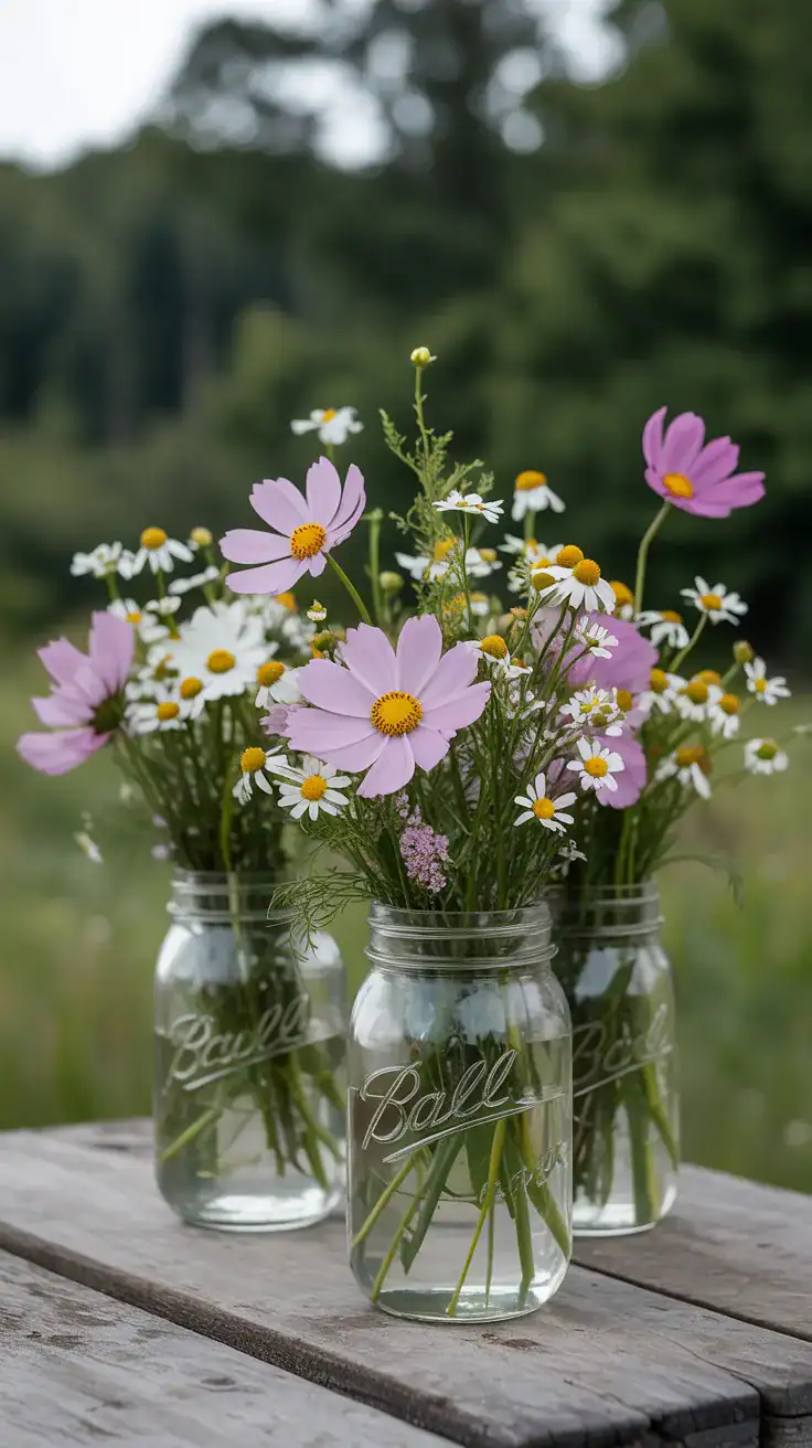 Mason jar vases filled with natural wildflower arrangements including cosmos, chamomile, daisies and relaxed greenery