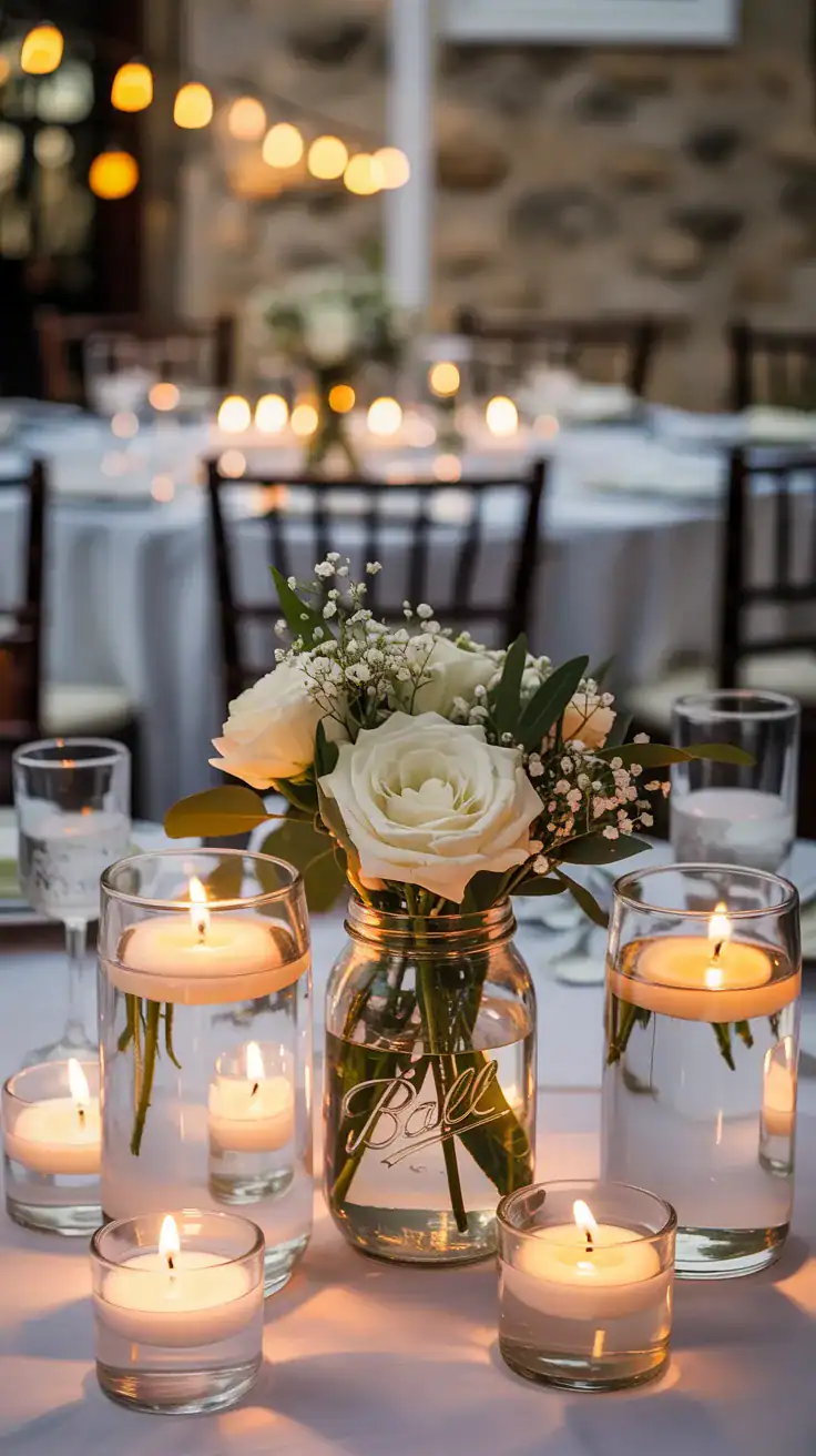Wedding tablescape with mason jar flower vases paired with floating candles creating warm romantic candlelight atmosphere