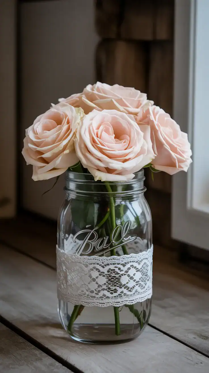 Vintage mason jar wedding vase wrapped with delicate ivory lace trim and filled with pale blush roses