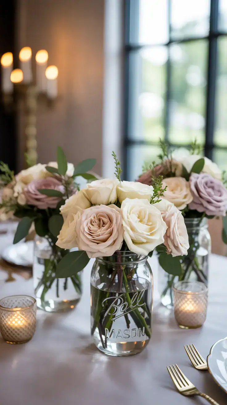 Elegant mason jar vases filled with cream, blush and champagne roses with greenery and gold wedding accents