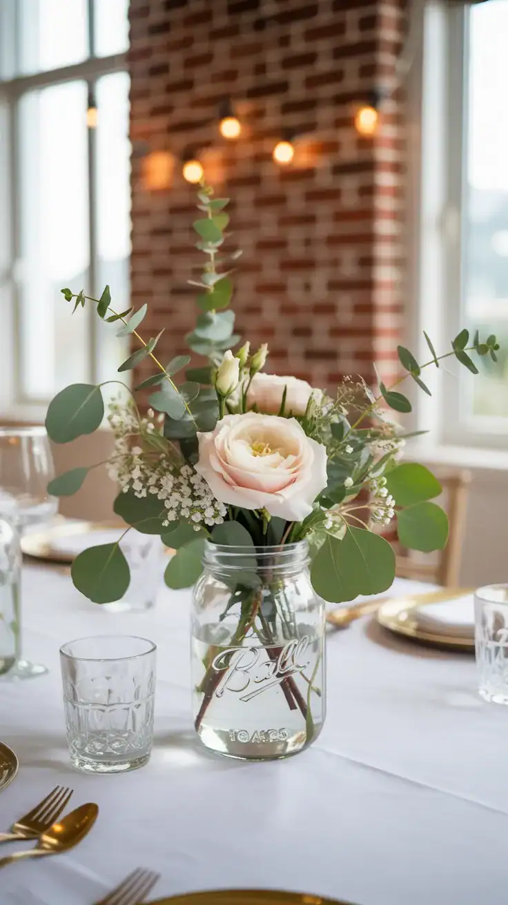 Mason jar wedding vase with eucalyptus greenery, soft white flowers and relaxed organic romantic table styling