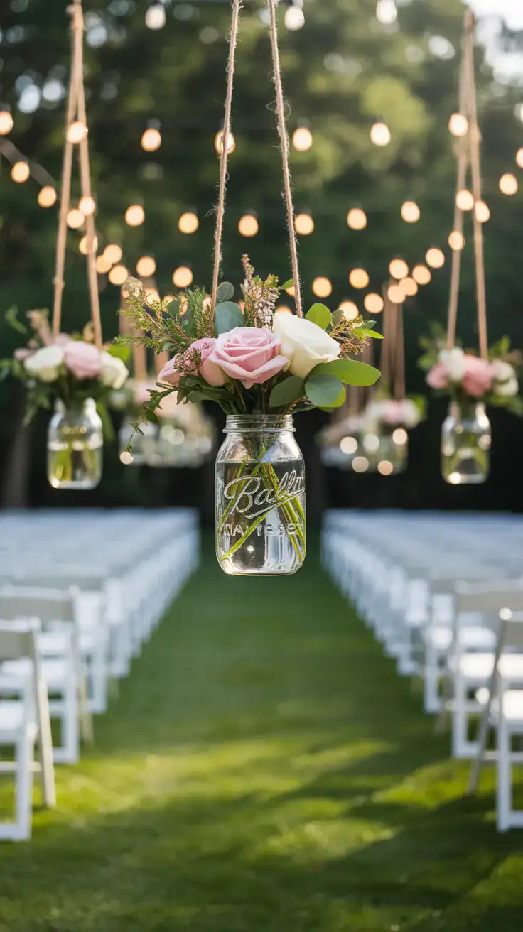 Outdoor wedding ceremony aisle decorated with hanging mason jar vases filled with flowers and romantic greenery