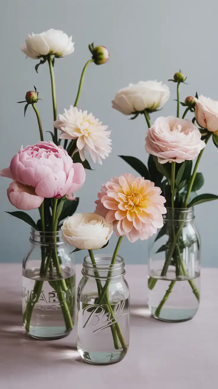 Minimal wedding mason jar vases with single stem peonies, dahlias, and roses arranged in a soft romantic tablescape