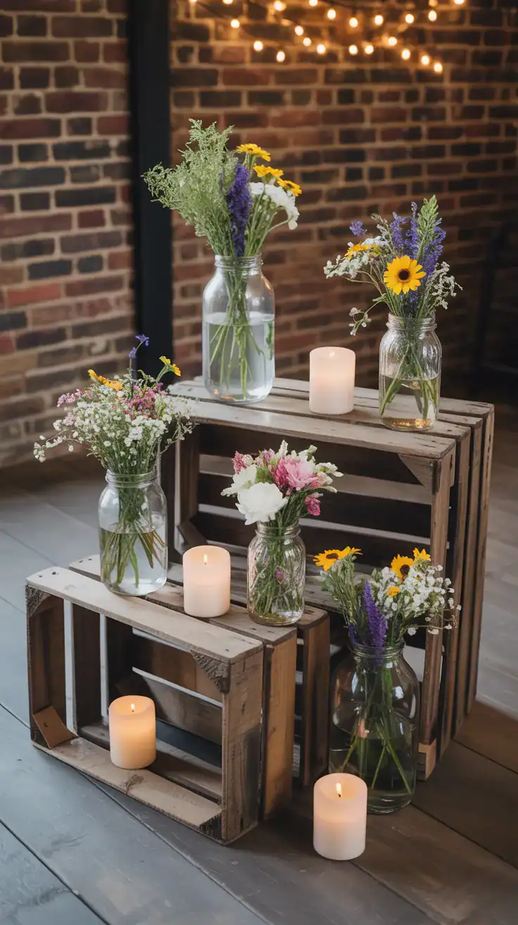 Rustic wedding display with mason jar vases arranged in reclaimed wooden crates with wildflowers and candles