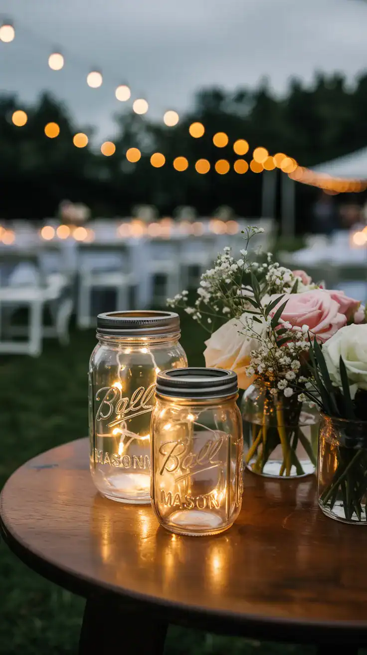 Clear mason jars glowing with warm fairy lights beside wedding flowers at outdoor evening reception