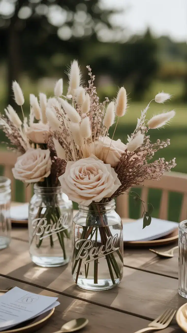Mason jar wedding vases with fresh roses, pampas grass, dried bunny tails and soft neutral floral styling