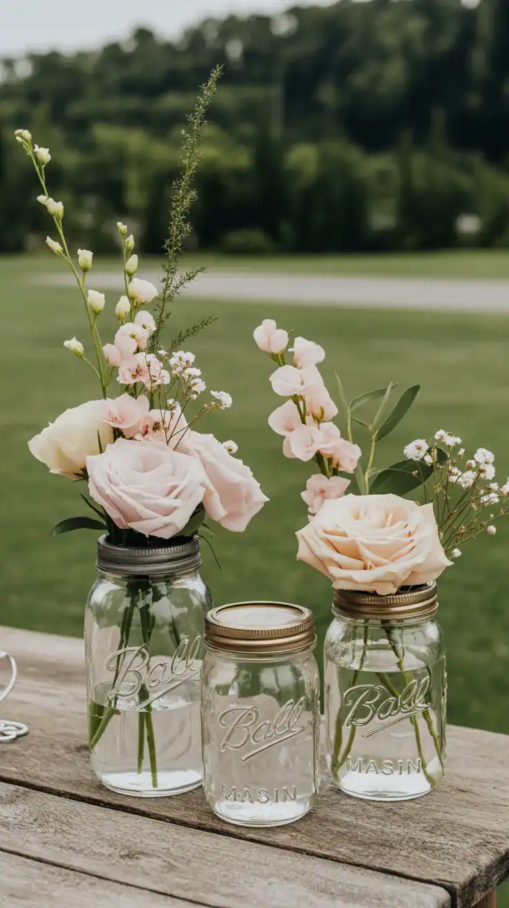 Elegant mason jar wedding vases with matte gold painted lids, neutral flowers and soft glam rustic decor