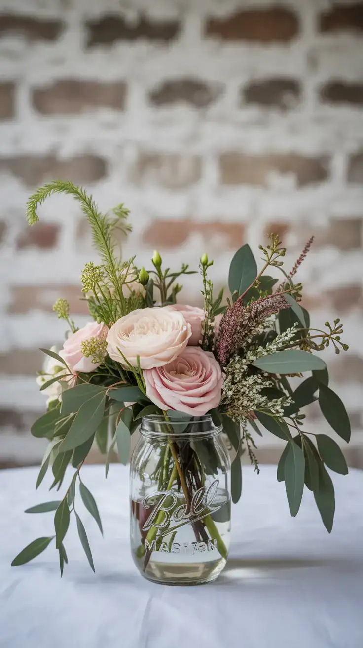 Soft unstructured mason jar wedding flowers with flowing greenery, loose romantic blooms and natural relaxed styling