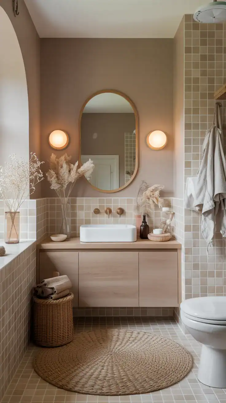 Scandinavian bathroom showcasing warm greige walls, oatmeal tiles, pale wood elements, and soft natural lighting