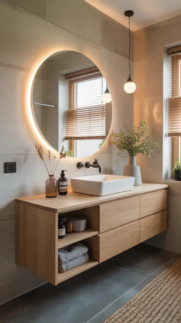 Floating light oak vanity with open shelving in Scandinavian bathroom design