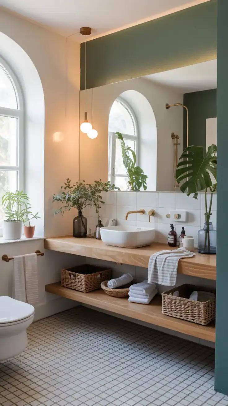 Airy Scandinavian bathroom with floating vanity creating open spacious feel