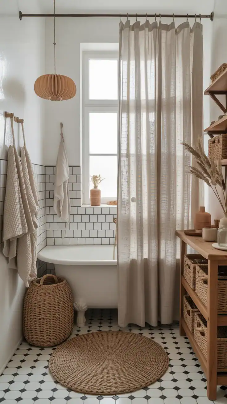 Scandinavian bathroom with waffle towels, linen shower curtain, and woven texture accessories