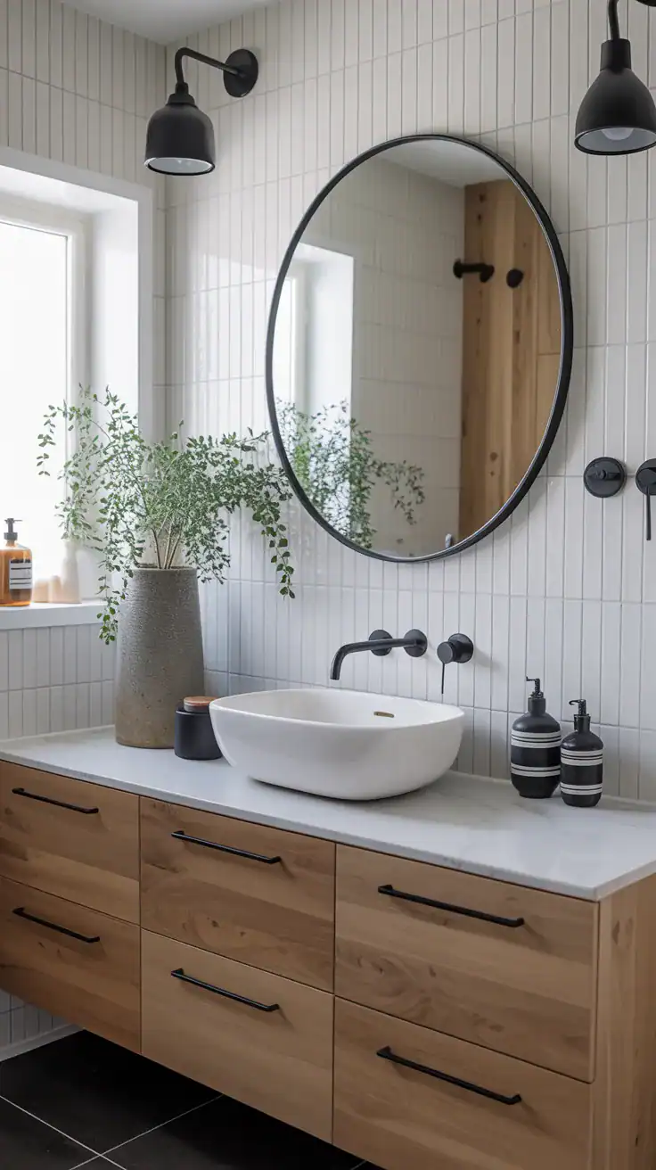 Modern Scandinavian bathroom featuring matte black faucets and fixtures against pale wood and white tile
