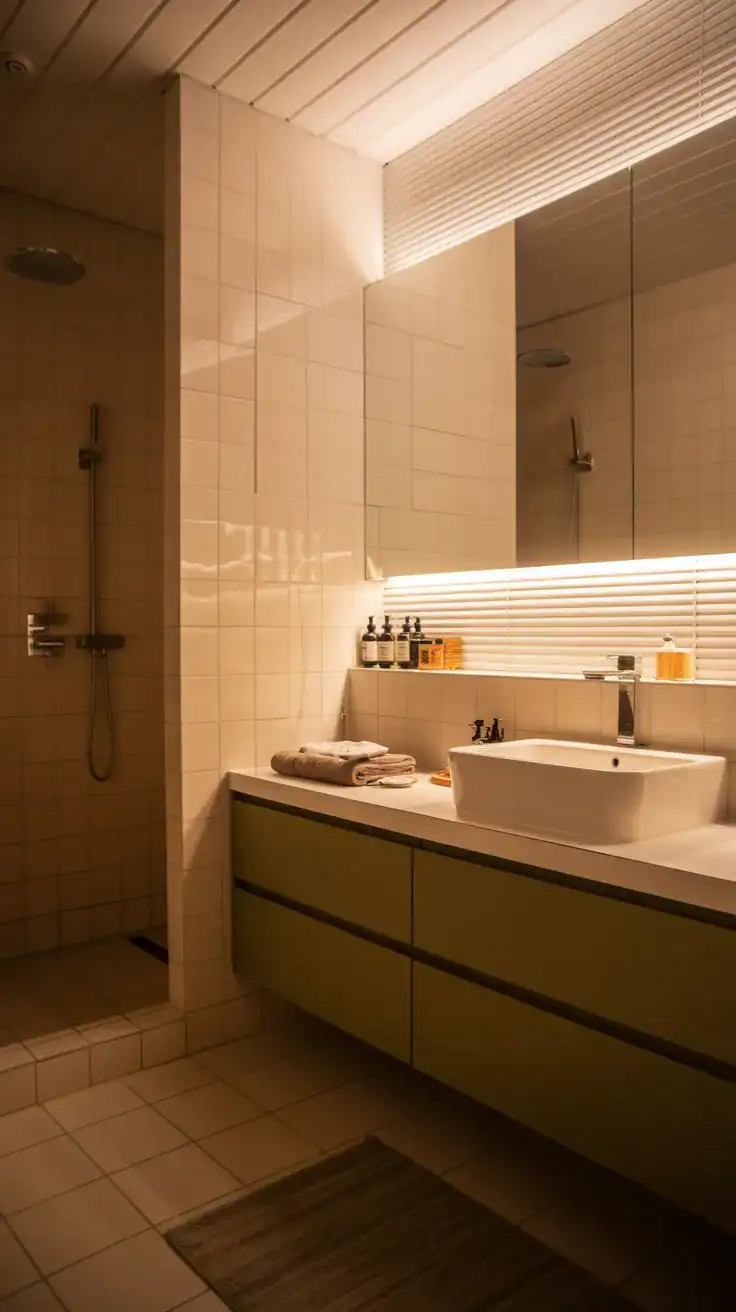 Scandinavian bathroom with multiple soft lighting layers creating warm ambiance