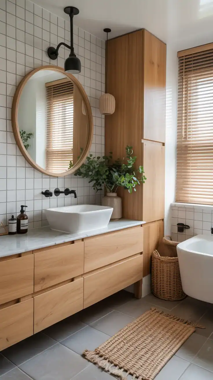 Scandinavian bathroom with open oak shelving styled with towels, ceramics, woven baskets, and minimal decor