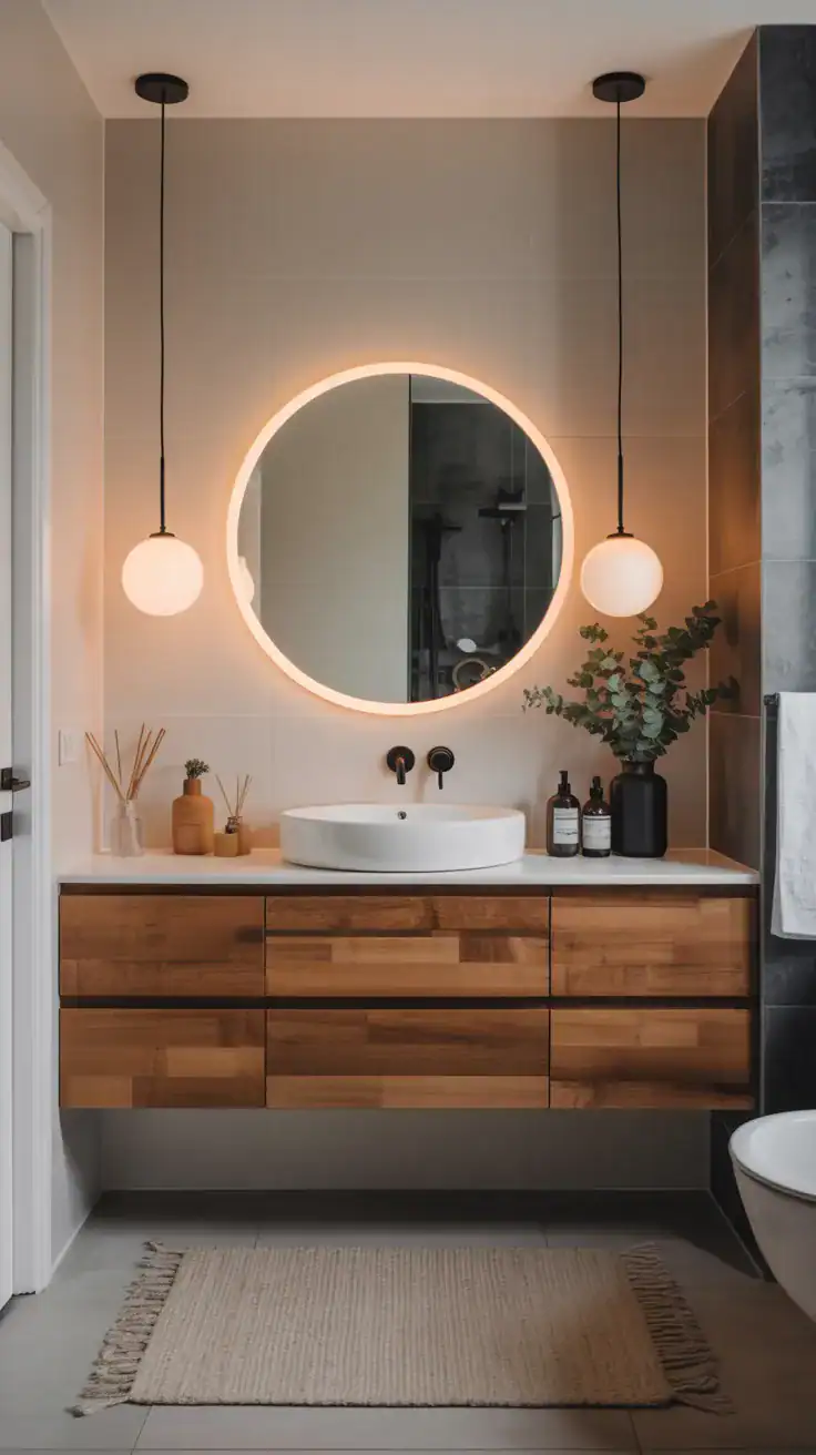 Round mirror above floating vanity in Scandinavian bathroom with soft layered lighting