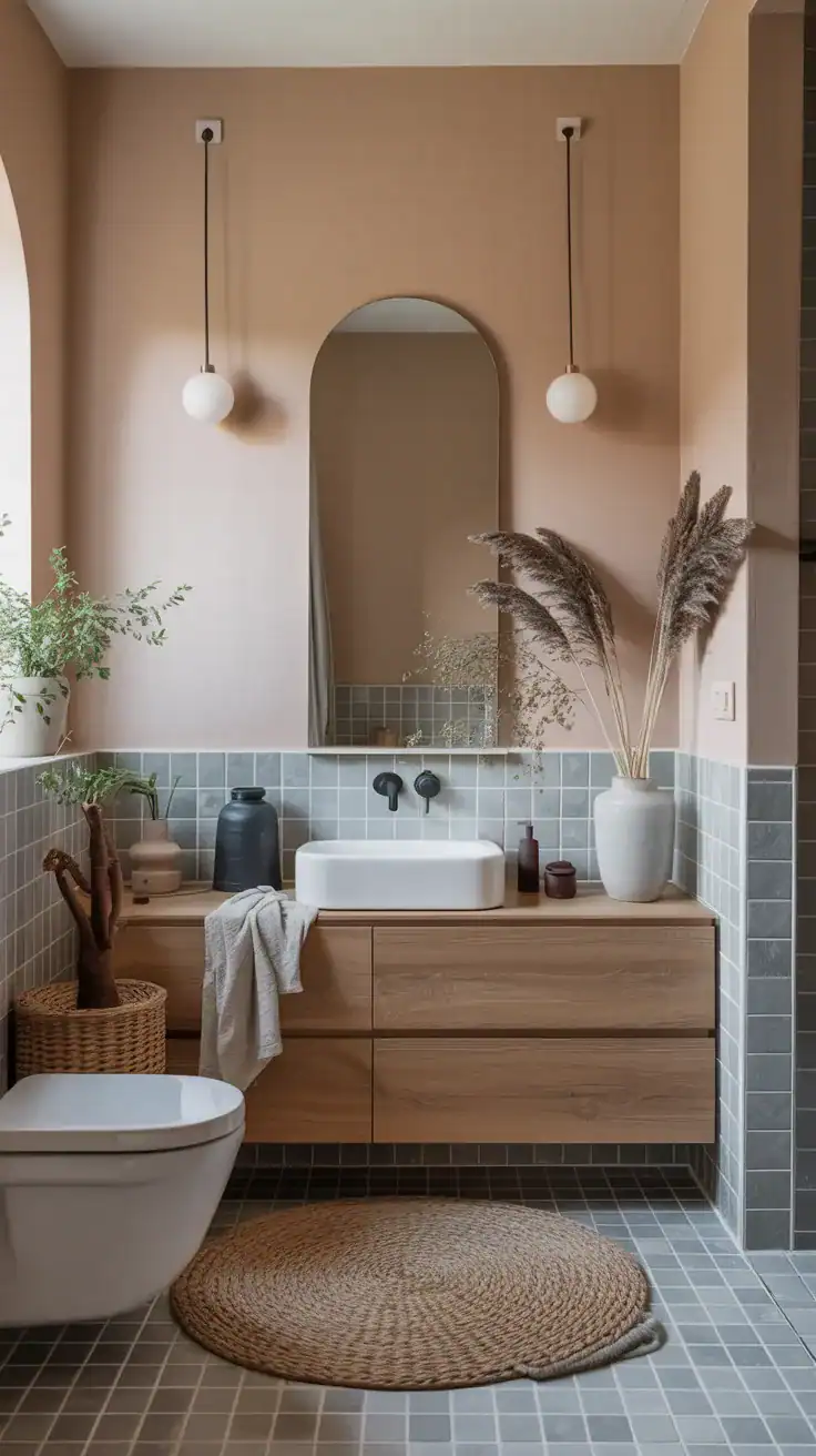 Scandinavian bathroom with warm travertine stone, pale oak vanity, and layered neutral textures
