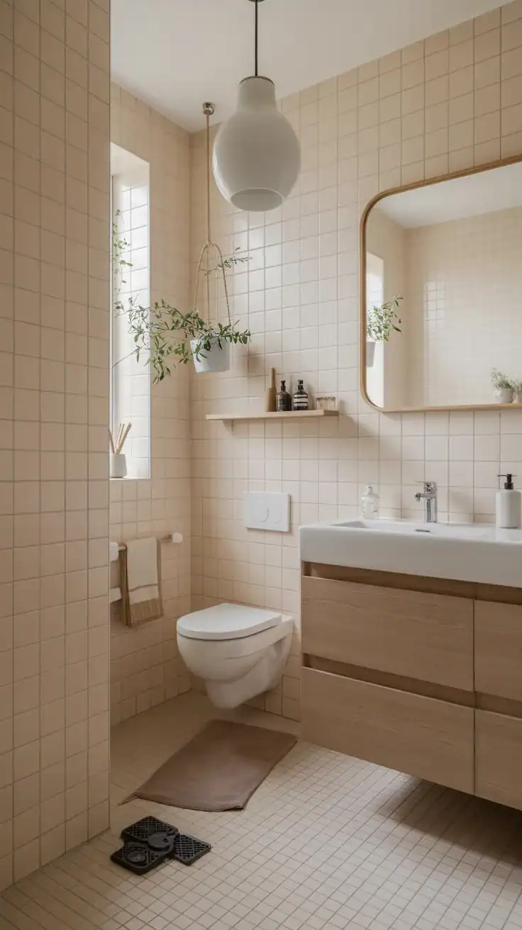 Minimal Scandinavian bathroom with ceramic decor, folded towels, candles, greenery, and uncluttered warm styling