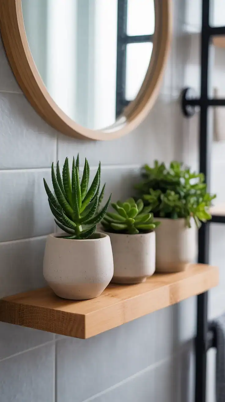 Bathroom appropriate plants in simple ceramic pots on floating shelf