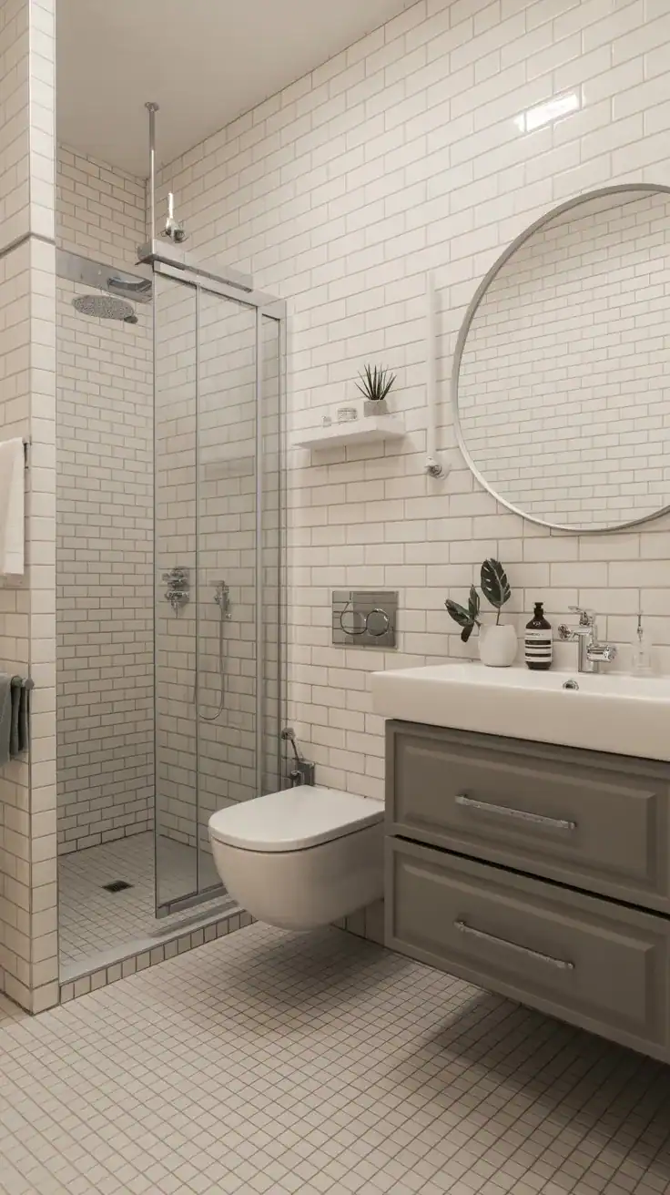Beautiful Scandinavian bathroom with pale oak, layered textures, candles, warm lighting, and calming neutral decor