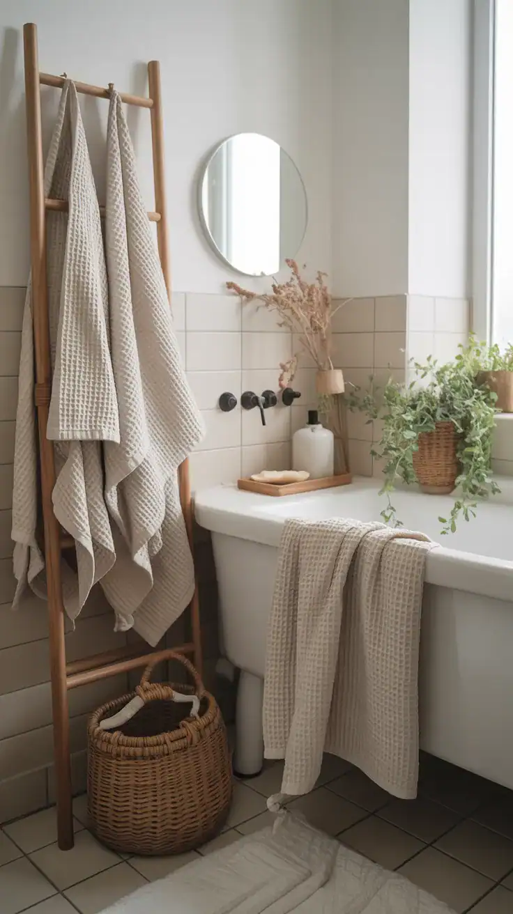 Scandinavian bathroom with waffle cotton towels in warm white and oatmeal tones