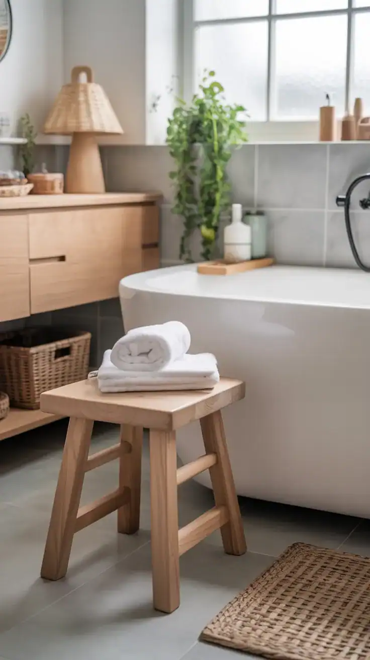 Pale oak wooden bath stool beside bathtub in Scandinavian bathroom