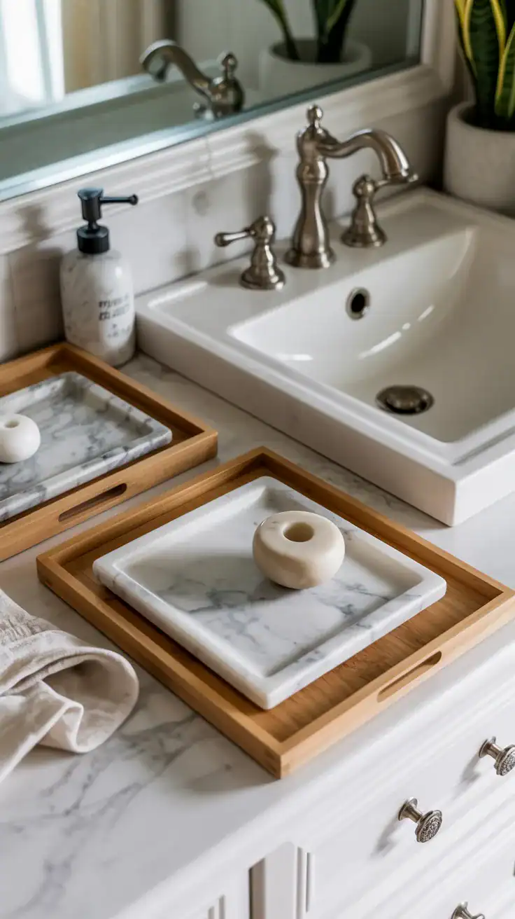Marble and travertine stone trays on bathroom vanity