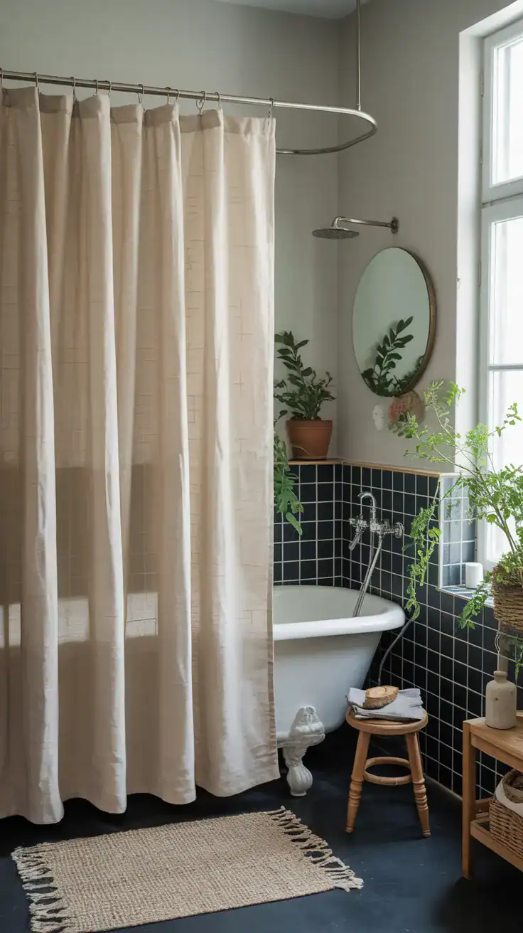 Natural linen shower curtain in Scandinavian bathroom