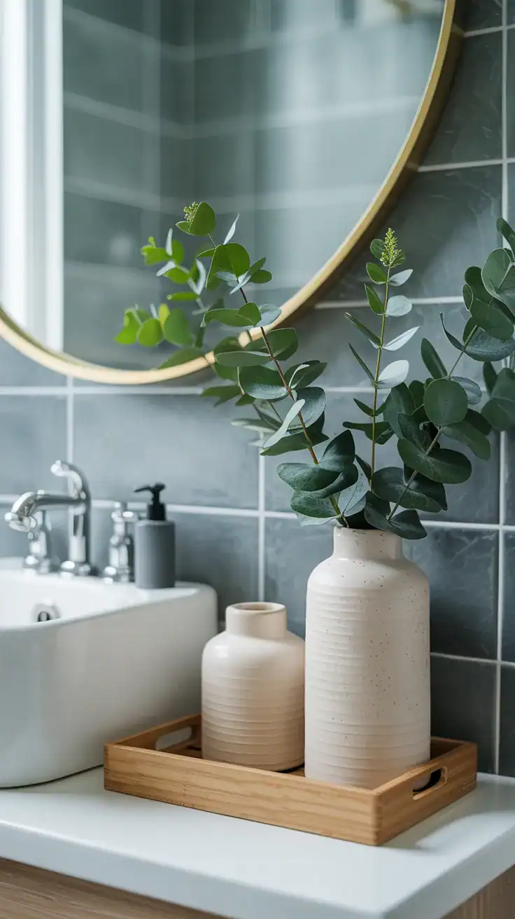 Ceramic vases with eucalyptus in Scandinavian bathroom