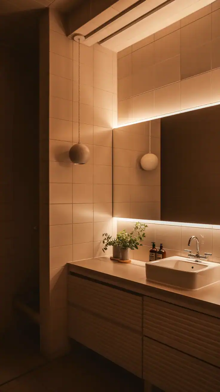 Layered warm lighting in Scandinavian bathroom