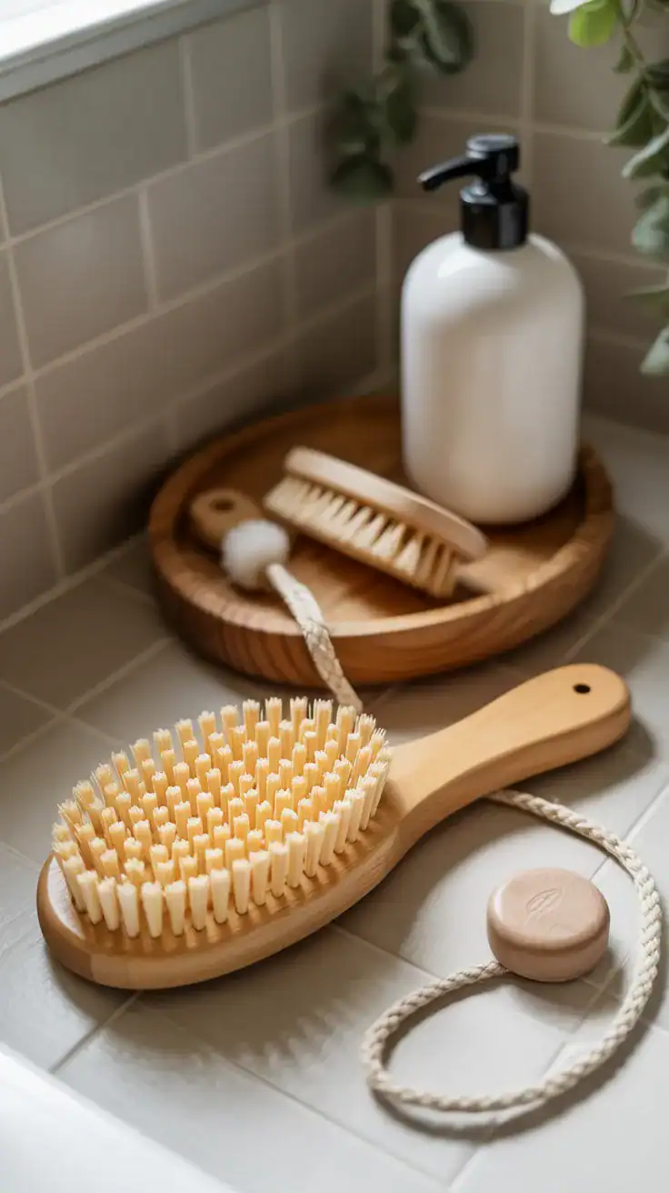 Wooden bath brushes and natural bathroom accessories