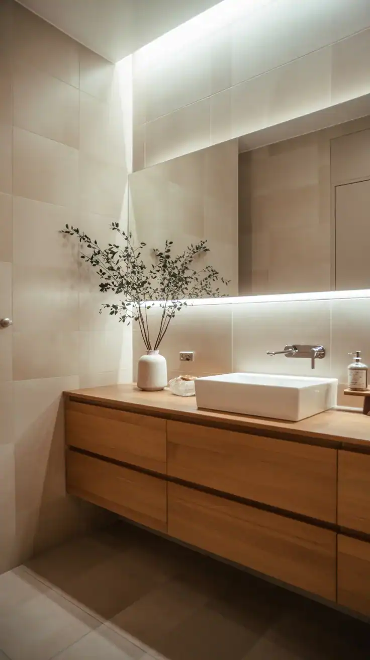 Floating oak vanity in a modern Scandinavian bathroom with neutral decor and soft lighting