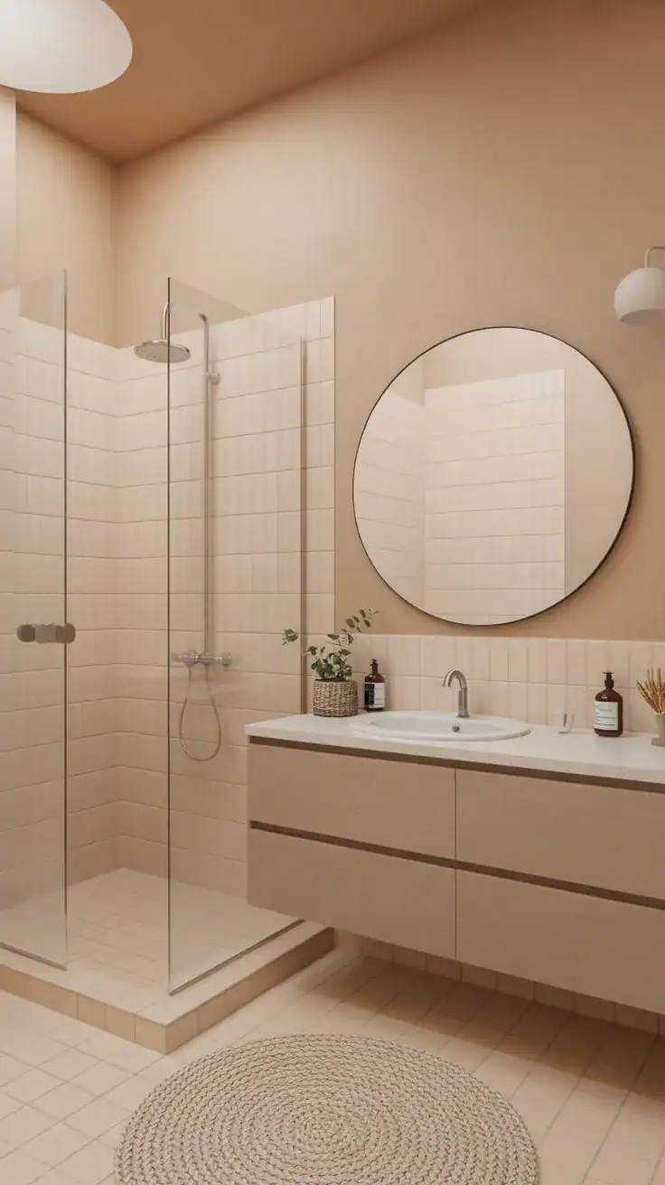 Warm neutral Scandinavian bathroom with soft beige walls, pale wood vanity, and minimalist styling