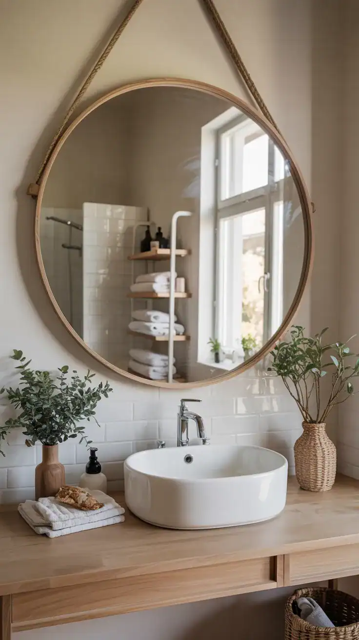 Large round mirror in a Scandinavian bathroom reflecting natural light and pale wood details