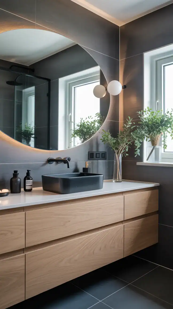 Modern Scandinavian bathroom with matte black fixtures and pale oak vanity