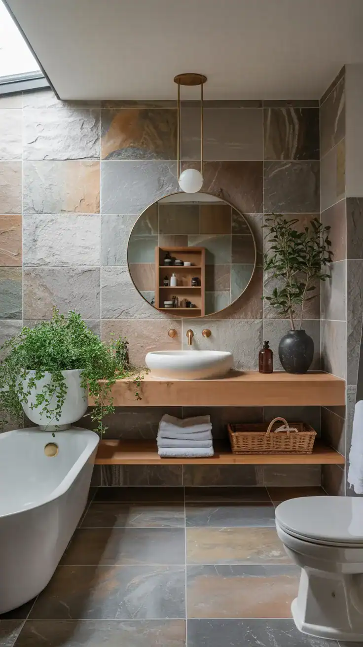 Large format stone tiles in a Scandinavian bathroom with clean modern styling