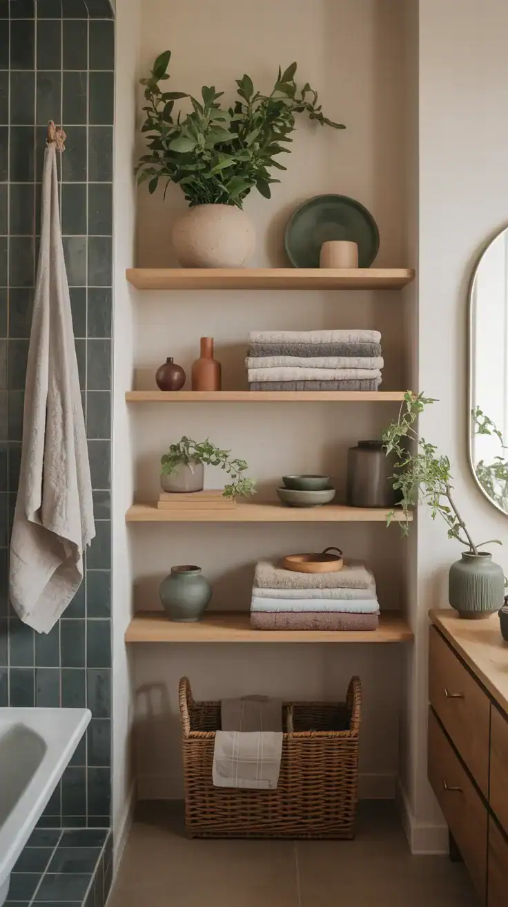 Open oak shelving styled with towels and ceramic decor in Scandinavian bathroom